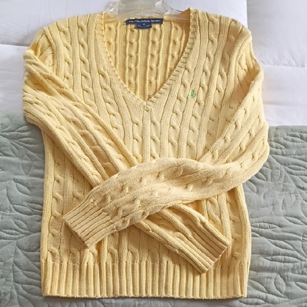 Ralph Lauren Women's Yellow V-Neck Cable Knit Sweater
